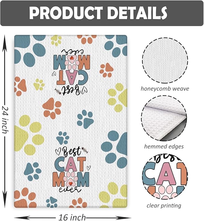 Best Cat Mom Ever Kitchen Towels, Cat Mom Lady Lover Gifts for Women, Cute Kitty Kitten Paw Decorative Dish Tea Hand Towels for Kitchen Bathroom, 16x24 Inches(Style A)