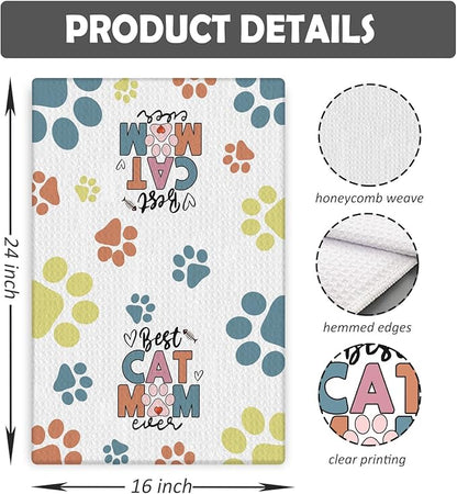 Best Cat Mom Ever Kitchen Towels, Cat Mom Lady Lover Gifts for Women, Cute Kitty Kitten Paw Decorative Dish Tea Hand Towels for Kitchen Bathroom, 16x24 Inches(Style A)
