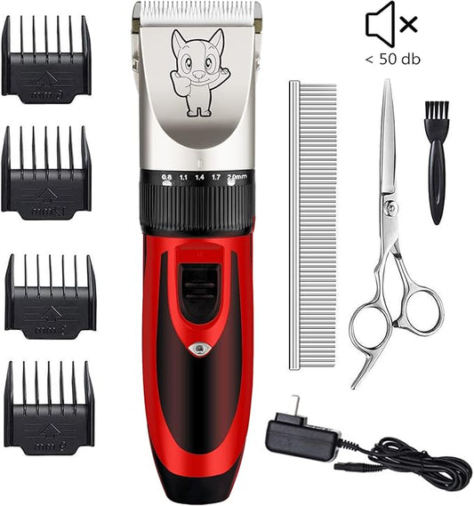 Highdas Dog Clippers for Grooming Rechargeable, Electric Dog Grooming Kit Clippers Low Noise, Cordless Quiet Dog Shaver, Pet Hair Trimmer Set for Dogs, Cats, Pets (Red)