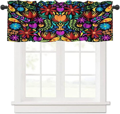 Mexico Valances Curtain for Kitchen, Colorful Mexican Style Flowers Pattern Window Treatment Valances Short Curtains Rod Pocket Drape for Dining Room Home Farmhouse Decor, 54x18inch