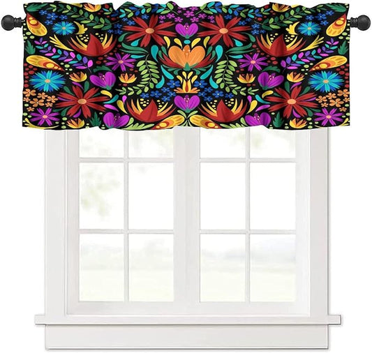 Mexico Valances Curtain for Kitchen, Colorful Mexican Style Flowers Pattern Window Treatment Valances Short Curtains Rod Pocket Drape for Dining Room Home Farmhouse Decor, 54x18inch