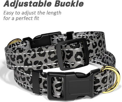 Reflective Dog Collar for Large Dogs, Cute Leopard Style Adjustable Heavy-Duty Nylon Puppy Collar for Boy and Girl Female, Soft Pet Accessories with Quick Release Buckle, Gray