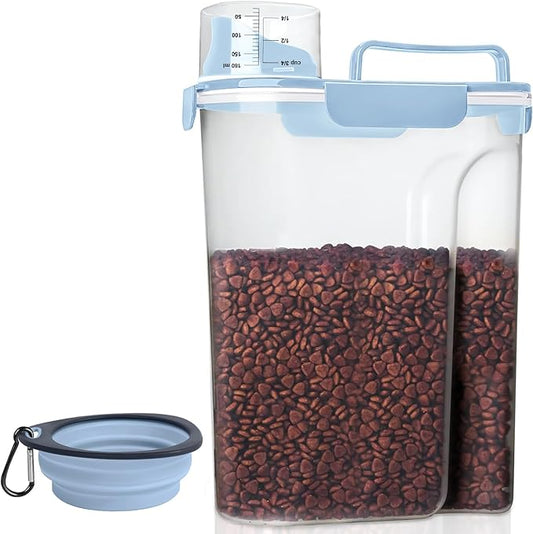 Airtight Small Cat Dog Pet Food Storage Containers BPA Free, with Large Pour Spout/1 Measuring Cup/ 4 Safety Locks and Double-layer Silicone Strip (Elegant Blue, 5L-1pack)
