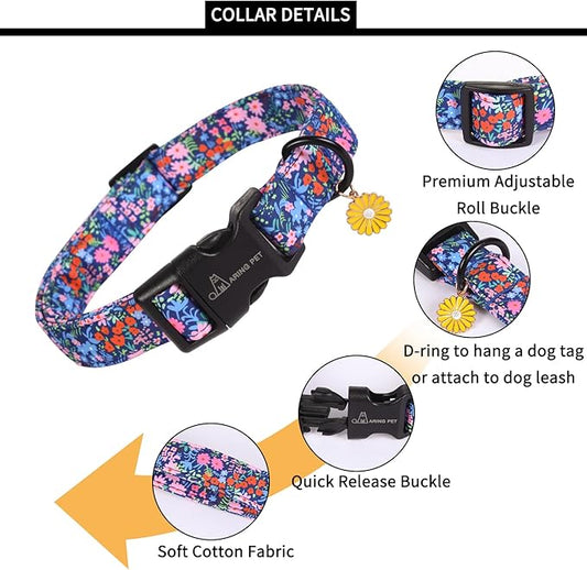 ARING PET Floral Dog Collar, Cute Blue Pink Orange Spring Summer Flower Doggy Pet Collars for Puppy Small Medium Large Girl Female Dogs-XL