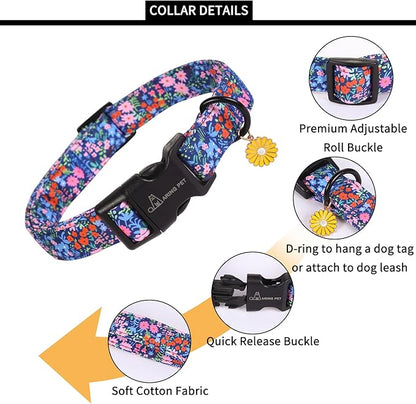 ARING PET Floral Dog Collar, Cute Blue Pink Orange Spring Summer Flower Doggy Pet Collars for Puppy Small Medium Large Girl Female Dogs-L