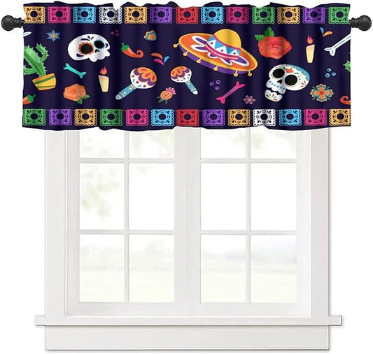 Mexico Valance Curtains Mexican Traditional Paper Lace Skull Pattern Window Treatment Valances Short Curtains Rod Pocket Drape for Dining Room Home Kitchen Decor, 54x18inch