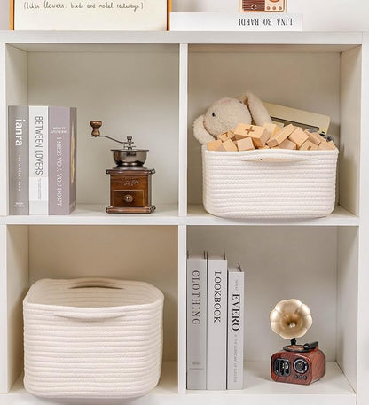 CubesLand Cute and Durable Small Cotton Rope Basket for Organizing, Woven Closet Storage Bin,Shelves Closet Storage Basket, Bathroom Storage Organizer Bin, Nursery Toy Basket Bin, White Basket