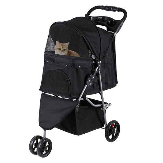 LEMY 3 Wheels Pet Dog Cat Stroller for Small Medium Dogs Cats,Black Foldable Jogger Travel Puppy with Detachable Carrier