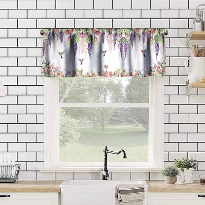 Flower Hummingbird Window Valance Curtains, Boho Watercolor Spring Bird Butterfly Blooming Floral Plant Nature Valance Curtain for Farmhouse Bedroom Living Room Kitchen 54x18inch