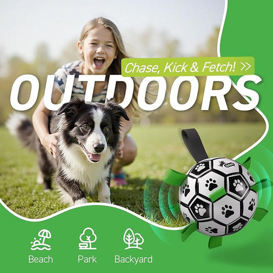 QDAN Dog Soccer Balls Toy with Bell Inside, Outdoor Interactive Dog Toys, Durable Ropes Squeaky Ball for Medium Large Dogs (8 Inch)