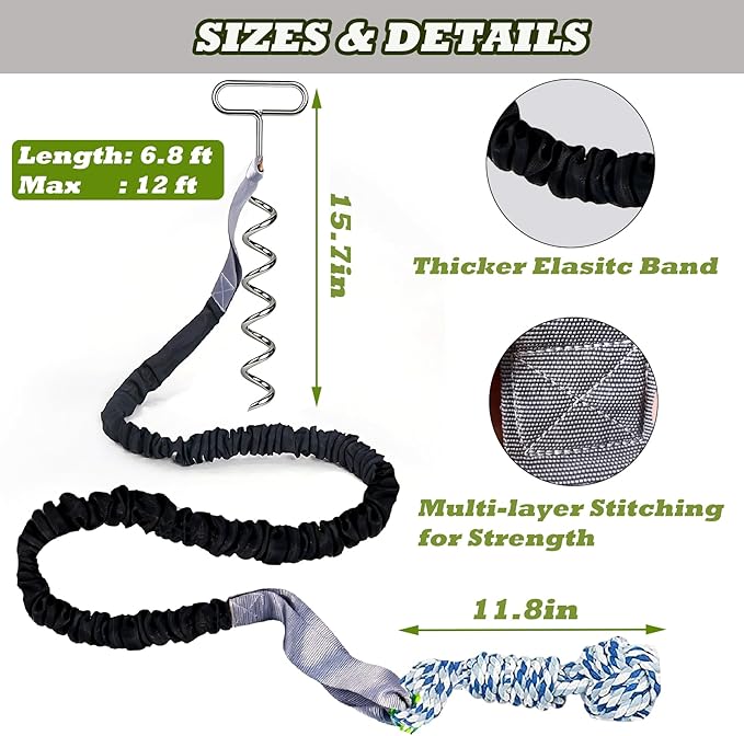 Dog Bungee Tug Toy with Steel Stake & 2 Chew Balls, 6.8ft Stretch Rope tug Toy - Tether Tug for Large/Medium/Small Dogs - Outdoor/Outside Dog Tug of War Toy (Lawn/Tree Use)