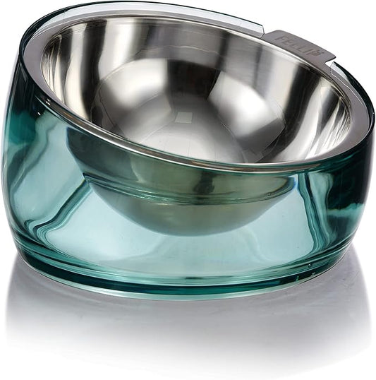 Felli Pet Oblik Acrylic Raised Dog Food Water Bowl Stainless Steel Slanted Oval Dish for Short Leg Puppy & Small Medium Pet, Elevated Tilted Metal Feeder (Classic, 1.5 Cups Oval Dish)