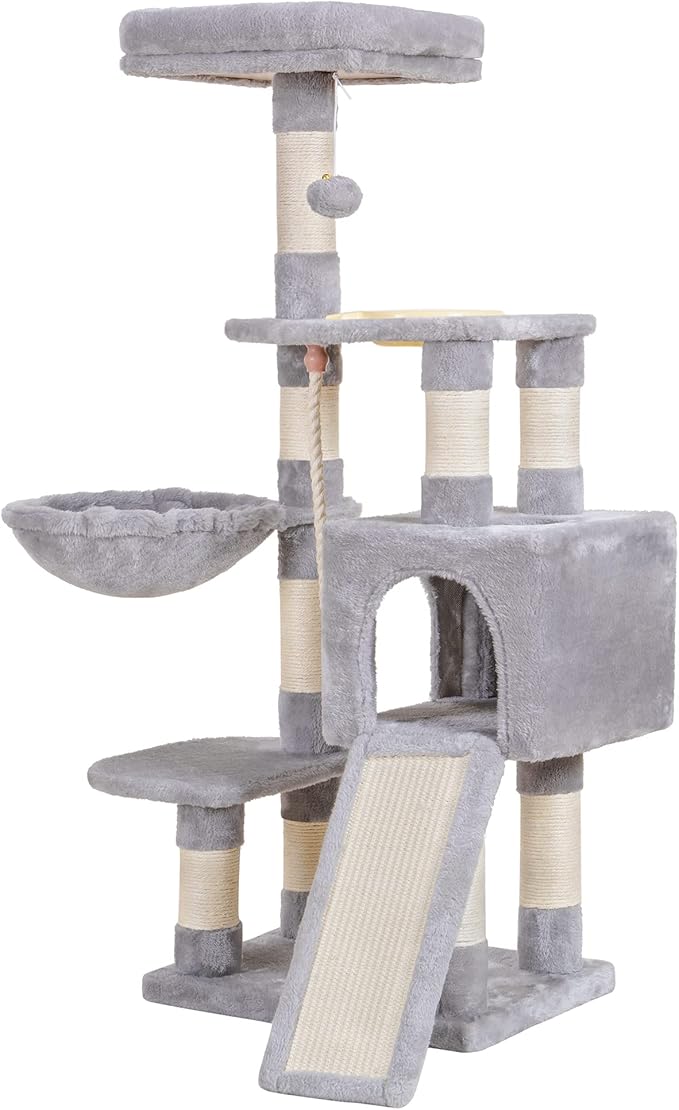 Heybly Cat Tree, Cat Tower for Indoor Cats with Scratching Board, Multi-Level Cat Furniture Condo with Feeding Bowl Light Gray HCT010SW