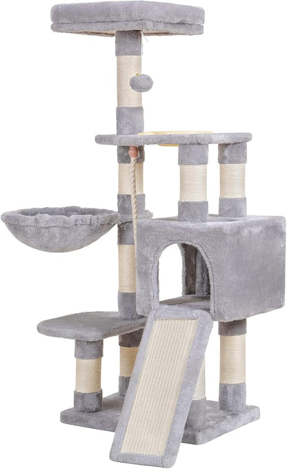 Heybly Cat Tree, Cat Tower for Indoor Cats with Scratching Board, Multi-Level Cat Furniture Condo with Feeding Bowl Light Gray HCT010SW