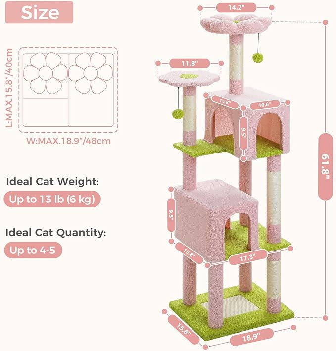 MUTTROS Flower Cat Tree, 62-Inch Tall Multi-Level Cat Tower with Scratching Posts for Large Indoor Cats, Plush Bed w/Padded Perches, Scratching Pad & 2 Green Pompoms, Pink