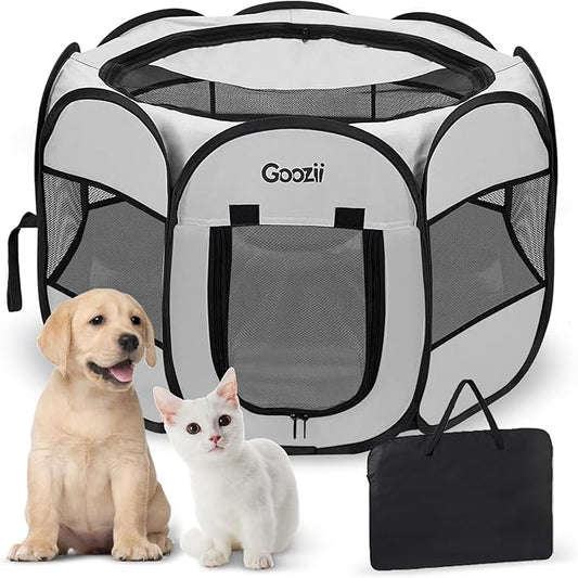 Pet Cat Playpen for Indoor Cats Enclosed, Puppy Dog Play Pen for Outdoor Travel Camping (Medium Size, Light Grey)