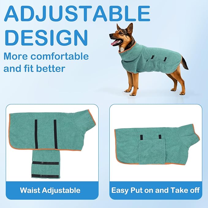 Dog Sweater for Large Dogs, Bath Towels Wrap for Drying Dogs, Pet Coat with Adjustable Collar & Microfiber, Fast Drying for Dogs at Home and Outdoors (Green, XL)