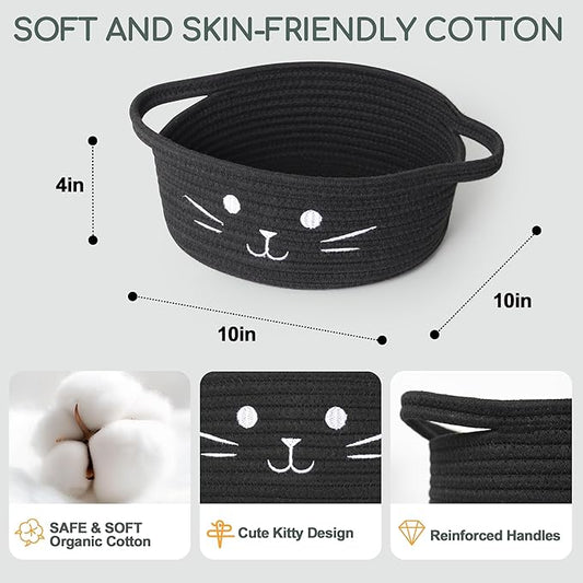 Small Cat Toy Basket, 10”x10”x4” Black Cotton Rope Storage Bin with Handles, Woven Cat Organizer Box for Indoor Pets, Cute Kitty Easter Basket Gifts Empty, Cat-Shaped Boo Halloween Bin