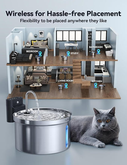 Wireless Cat Water Fountain Stainless Steel [Water & Battery Separation] FEELNEEDY Smart Pet Water Fountain, 4000mAh Battery Operated Water Fountain for Cats Dogs 3.5L/118oz + 6 Filters