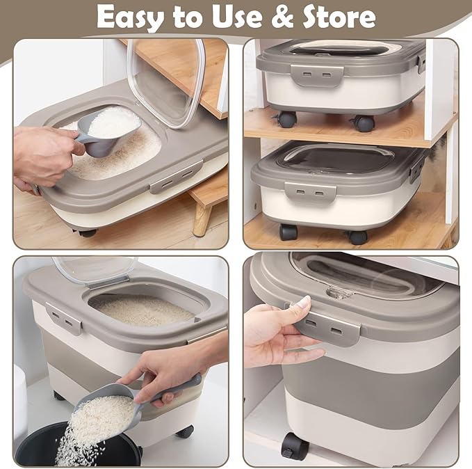Collapsible Dog Food Storage Container, 20Lbs Airtight Rice Flour Container, Large Pet Cat Food Storage Dispenser Bin with Rolling Wheels, Scoop & Measuring Cup, Kitchen Cereal Dry Food Holder (Khaki)