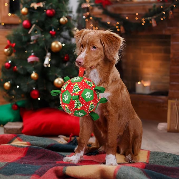Dog Soccer Toy with Straps Christmas Dog Interactive Ball Toy for Tug of War Christmas Dog Tug Ball Toy with Xmas Tree Snowflower Pattern for Medium Large Dogs(Number 2)