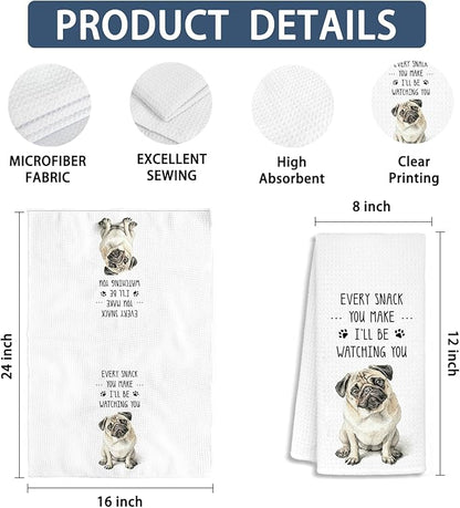 Funny Pug Kitchen Bathroom Towels, Gifts for Pug Lovers Women Dish Tea Towels, Dog Mom Dad Lovers Owner Gifts for Women Men Decorative Hand Towels for Kitchen Decor, 16x24 Inch Set of 2