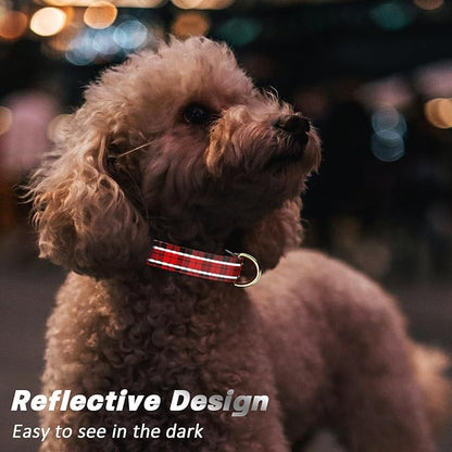 Reflective Dog Collar for Extra Small Dogs, Cute Boho Adjustable Heavy-Duty Nylon Puppy Collar for Boy and Girl Female, Soft Pet Accessories with Quick Release Buckle, Black Red Tartan