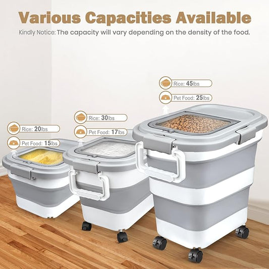Rice Storage Container, Collapsible Airtight 10-40 Lb Rice Storage Container, Pet Dog Food Storage Container 25lb, Rice Dispenser Bin with Cup and Scoop for Flour Cereal Pasta Grain, Cat Bird