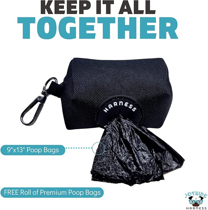 Joyride Harness Poop Bag Dispenser - 1 Additional Roll of Premium 9”x13” Poop Bags Included, D-Clip Attaches to Leash or Harness - Fits Standard Doggy Waste Bag Rolls