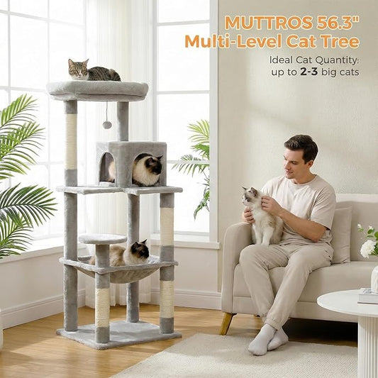 MUTTROS Cat Tree for Large Cats Adult with Metal Plush Big Hammock, 56.3" Cat Tower with 2 Door Condo House, 6-Tier Cat Shelves with Scratching Posts and Large Top Perch, Gray