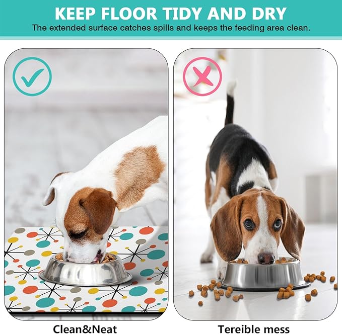Dog Food Mats for Floors Absorbent, Cat Food Mat - Pet Cat Feeding Mat Quick Dry, Dog Bowl Mats for Water, Pet Supplies Feeding Placemat 16" x 24" Mid-Century Atomic