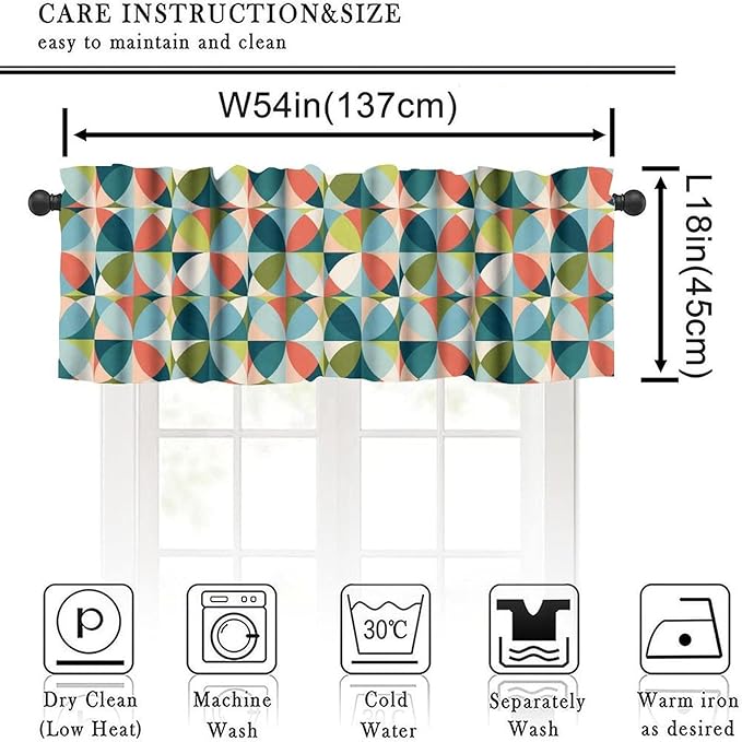 Mid Century Curtain Valance, Retro Abstract Geometric Circles Boho Vintage Classic Minimalist Window Valance Curtains for Farmhouse Bedroom Living Room Kitchen 54x18inch