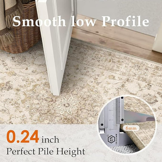 2x6 Beige Runner Rug Washable Hallway Vintage Carpet Kitchen Distressed Small Long Non Slip Low Pile Thin Bedroom Medallion Accent Throw Rug Laundry Living Room