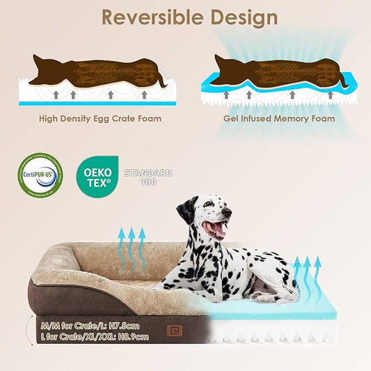 EHEYCIGA Orthopedic Dog Bed for Medium Dog, 30x20x6.5 Inch Memory Foam Dog Couch Bed with Sides, Waterproof Liner & Washable Removable Cover, Bolster Pet Sofa, Brown