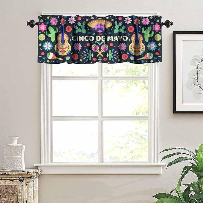 Mexican Style Valances Curtain for Kitchen, Mexico Cinco De Mayo Flowers Cactuses Singer Window Treatment Valances Short Curtains Rod Pocket Drape for Dining Room Home Decor, 54x18inch
