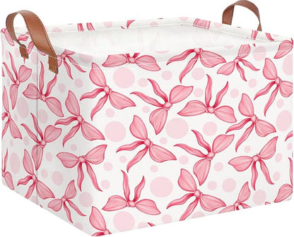 Rectangular Storage Basket Empty,Toys Storage Bin with Handles,Baby Room Decor,Gift Basket,Book Box(Pink Bowknot)