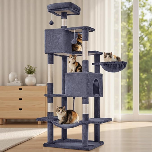 Large Cat Tree 66 Inch, Multi-Level Tall Cat Tree Tower with Condo, Perches, Sisal Scratching Posts and Hammock, Pet Play House with Dangling Balls for Indoor Cats, Dark Grey
