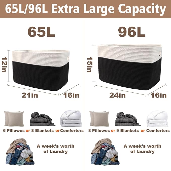 Woven Blanket Basket,96L Large Storage Bin for Blankets Toys Clothes,Decorative Rope Basket for Living Room Bedroom with Handles, White&Black