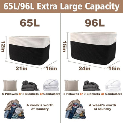 Woven Blanket Basket,65L Large Storage Bin for Blankets Toys Clothes,Decorative Rope Basket for Living Room Bedroom with Handles, White&Black