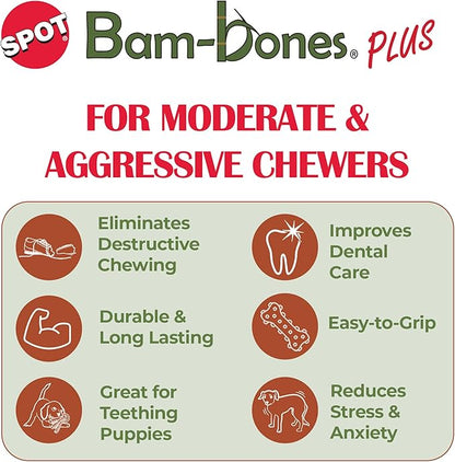 SPOT Bam-Bones Plus T Bone - Bamboo Fiber & Nylon, Durable Long Lasting Dog Chew for Aggressive Chewers – Toy for Dogs & Puppies Under 90lbs, Non-Splintering, 7in, Allergen Free Peanut Butter Flavor