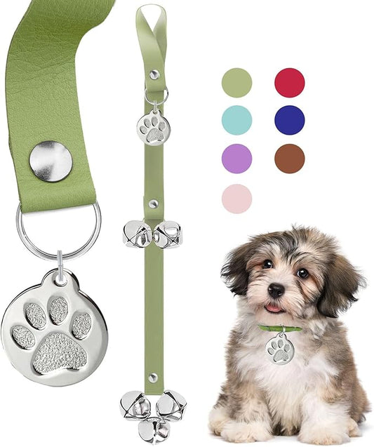 Leather Dog Bells, Puppy Potty Training Bell Dog Doorbell Potty Train Dog Bell for Potty Training Door Bells for Dogs to Ring to Go Outside Jingle Bells (Leather Green, Round Paw 1 PCS)