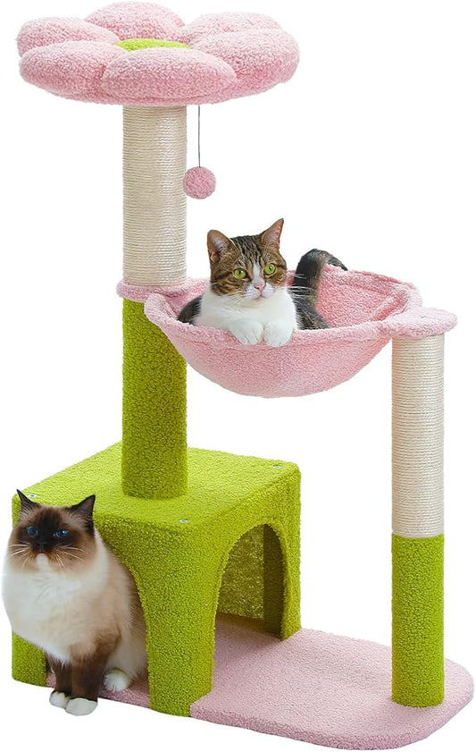MUTTROS Flower Cat Tree with Large Metal Frame Hammock, 35" Cute Cat Tower with Sisal Scratching Posts for Small Indoor Cats, Cat Condo with Pink Top Perch for Kittens, Pink