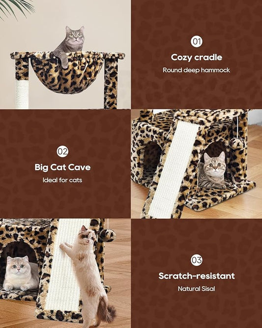 SYANDLVY Leopard Print Cat Tree for Indoor Cats, Small Cat Tower with Scratching Post & Board, Modern Activity House Condo with Cradle, Hanging Ball for Play, Kittens Cave
