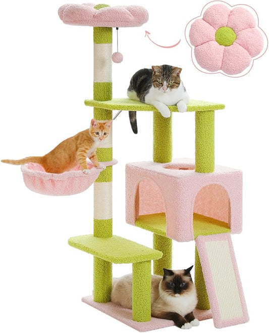 MUTTROS Flower Cat Tree 47.2" Multi-Level Cat Tower with Sisal Covered Scratching Posts, Cute Cat Condo for Indoor Small Medium Cats, Pink Top Perch, Fluffy Ball, Pink