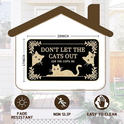Funny Cat Welcome Mat “Don’t Let The Cats Out or The Cops in” Doormat, 29"x17" Non-Slip Indoor Outdoor Rug for Front Porch or Entryway, Cat Lover Gift