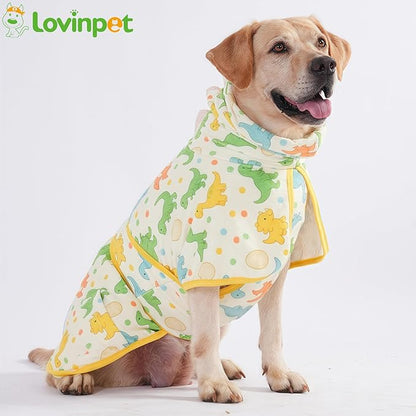 LovinPet 3‑in‑1 Dog Warm Winter Coat & Bathrobe, Hooded Dinosaur Fleece, Lightweight High‑Loft, Absorbent Knit, Quiet Hook‑and‑Loop, Wind‑Blocking Edges, Dog Robes for Medium & Large Dogs, Yellow,XL