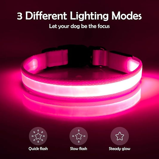 Vizpet LED Dog Collar, Light Up Dog Collar Adjustable USB Rechargeable Super Bright Safety Light Glowing Collars for Dogs (Medium, Pink)