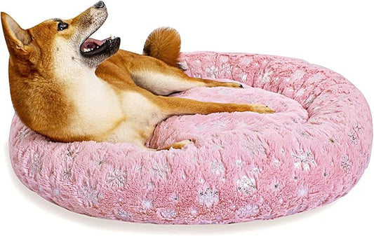 31 Inch Christmas Snowflakes Calming Dog Bed for Medium Dogs, Round Anti-Anxiety Warm Bed, Soft Cozy Anti-Slip Donut Washable Pet Bed, Fits up to 50 lbs Pets