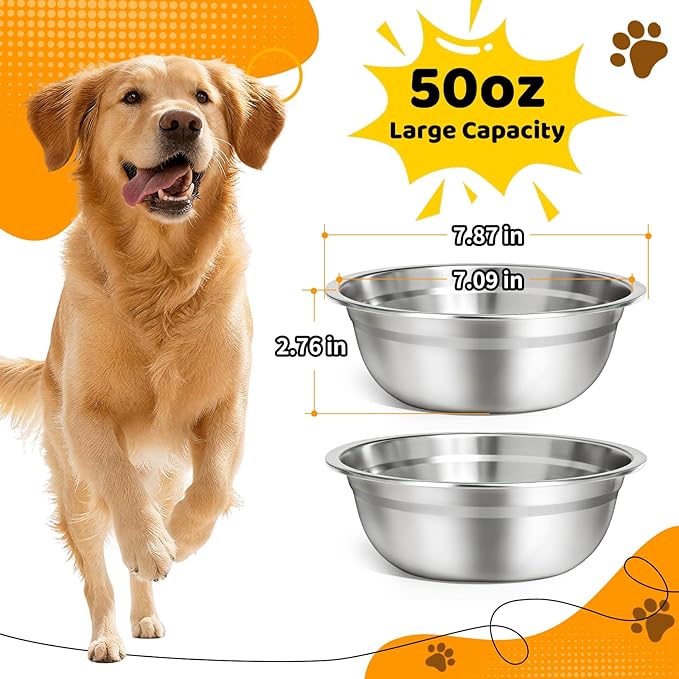 URPOWER 2 Pack 8" Stainless Steel Dog Bowls - 50oz Thickened Durable Pet Bowls for Food and Water, Fit for Elevated Dog Bowl Stand