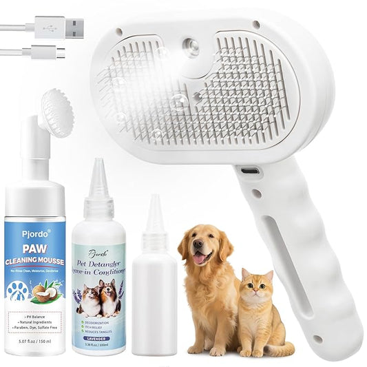 Pet Steam Brush for Cat & Dog, 5-in-1 Pet Spray Hair Removal Comb for Reducing Shedding, Grooming Brush for Long Short Haired Cat & Dog, No-Rinse Foaming Cleanser for Cleaning Paw